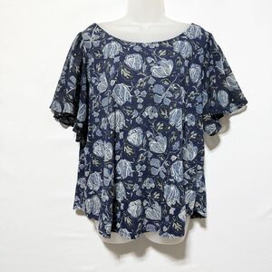 Lucky Brand Floral Blouse Womens 2X Blue Flutter Sleeve Keyhole Back